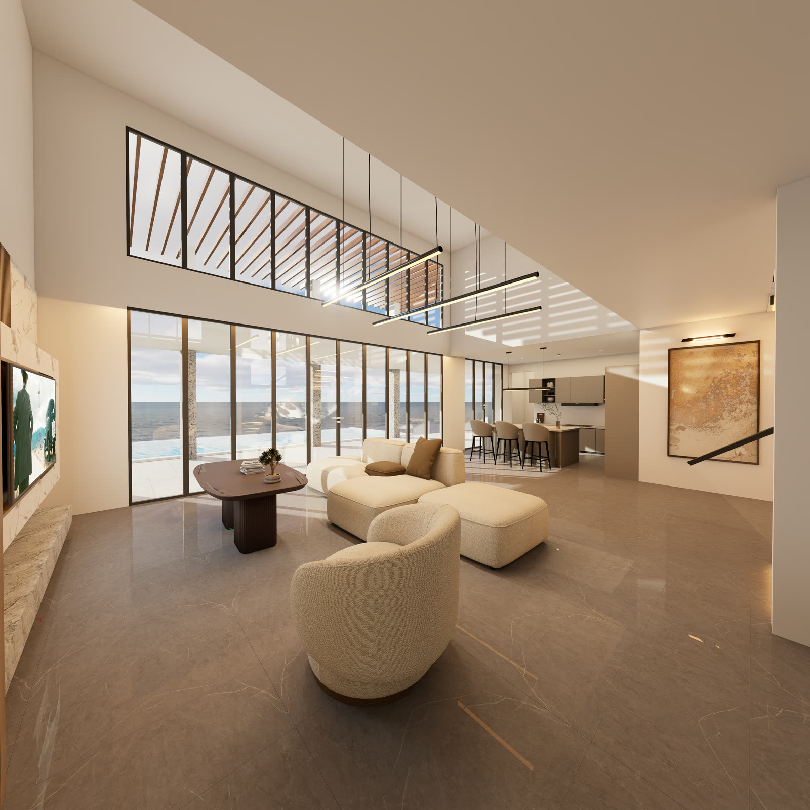 Sala y cocina de concepto abierto con vista al mar